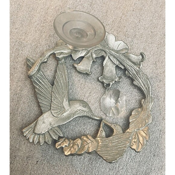 Pewter Hummingbird Window Decor Ornament W Nest Vine Flower Crystal Accent - Picture 3 of 5